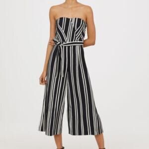 H&M Black White Stripe Strapless Wide Leg Cropped Jumpsuit One-Piece Size 4